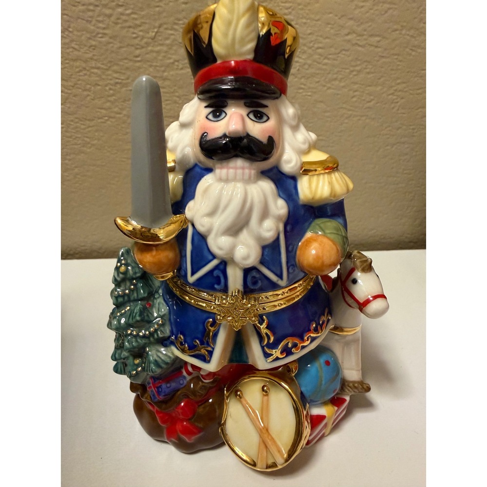 Traditions Porcelain Nutcracker Hinged Trinket Box Hand Painted Blue Gold 6.5"